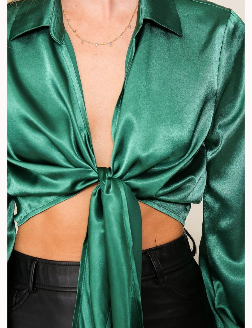 Sasha Satin Front Tie Long Sleeve Collared Top - Highly Praise