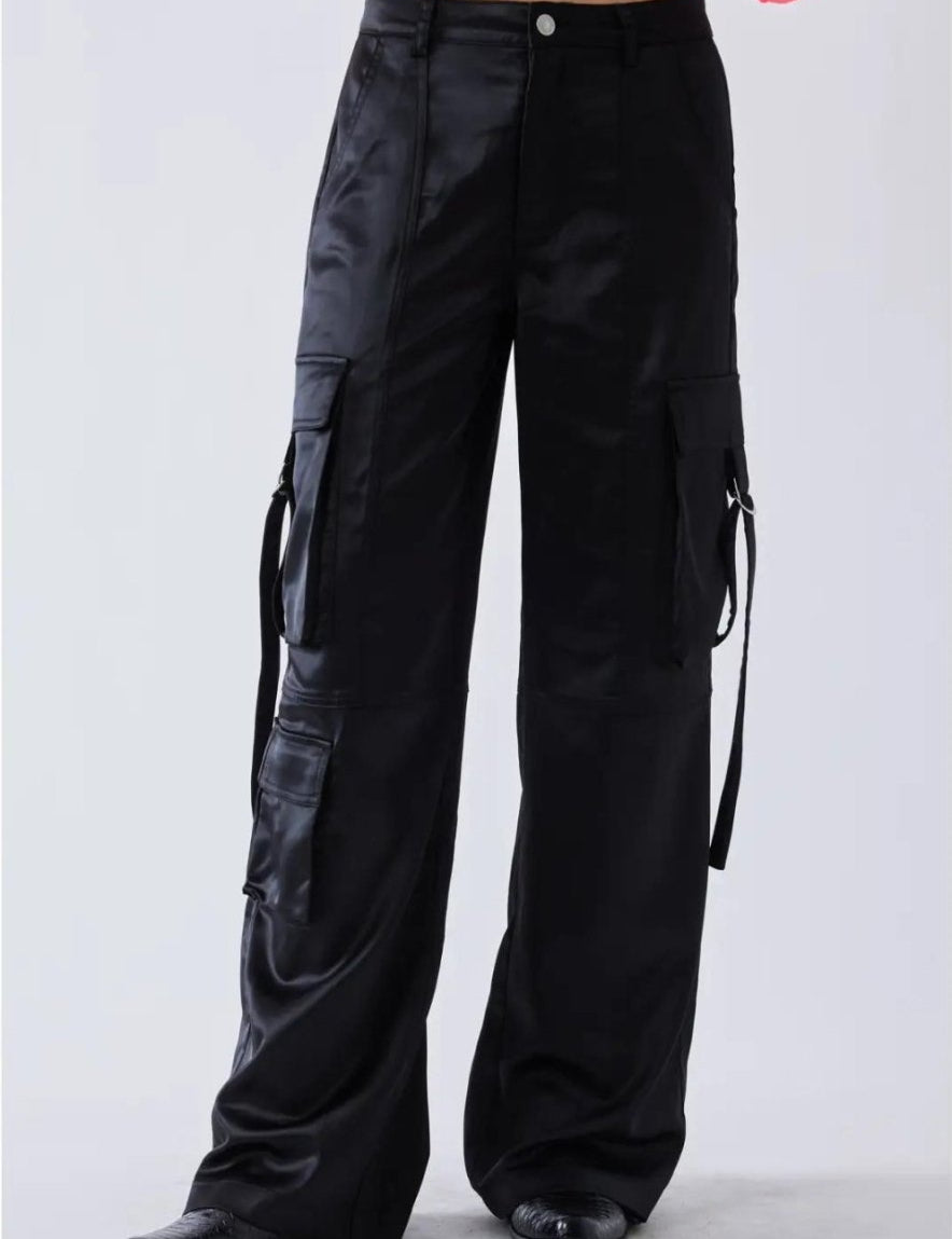 Satin Wide Leg Cargo in Black - Highly Praise