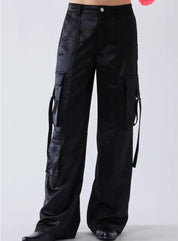 Satin Wide Leg Cargo in Black - Highly Praise