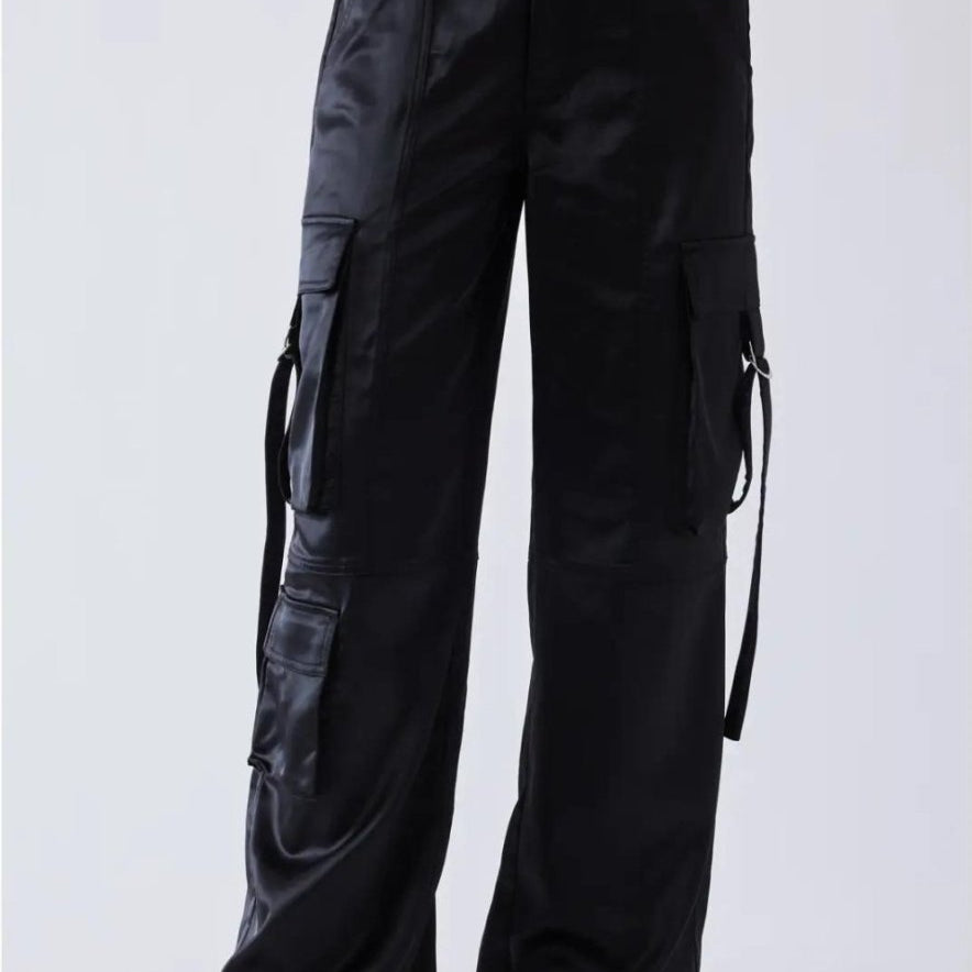 Satin Wide Leg Cargo in Black - Highly Praise
