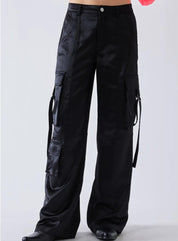 Satin Wide Leg Cargo in Black - Highly Praise