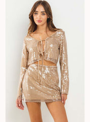 Sequin Long Sleeve Tie Front Crop Top in Taupe - Highly Praise