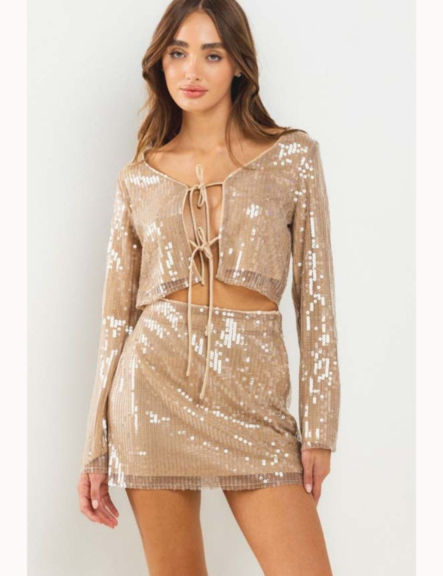 Sequin Long Sleeve Tie Front Crop Top in Taupe - Highly Praise