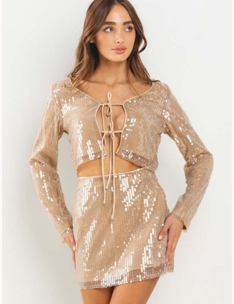 Sequin Long Sleeve Tie Front Crop Top in Taupe - Highly Praise