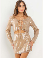 Sequin Long Sleeve Tie Front Crop Top in Taupe - Highly Praise