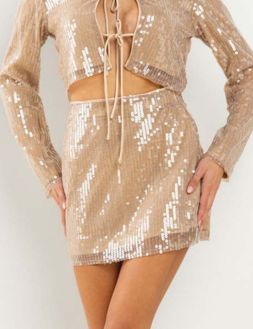 Sequin Mid Rise Mini Skirt in Taupe - Highly Praise
