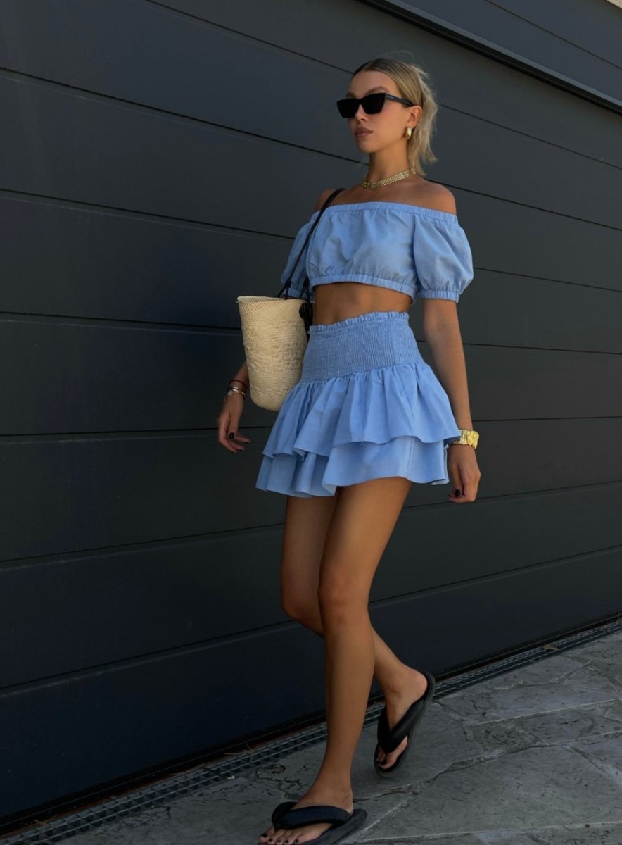 Smock Tiered Ruffle Sky Blue Mini Skirt - Highly Praise