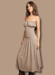 Strapless Taupe Gingham Midi Smocked Dress