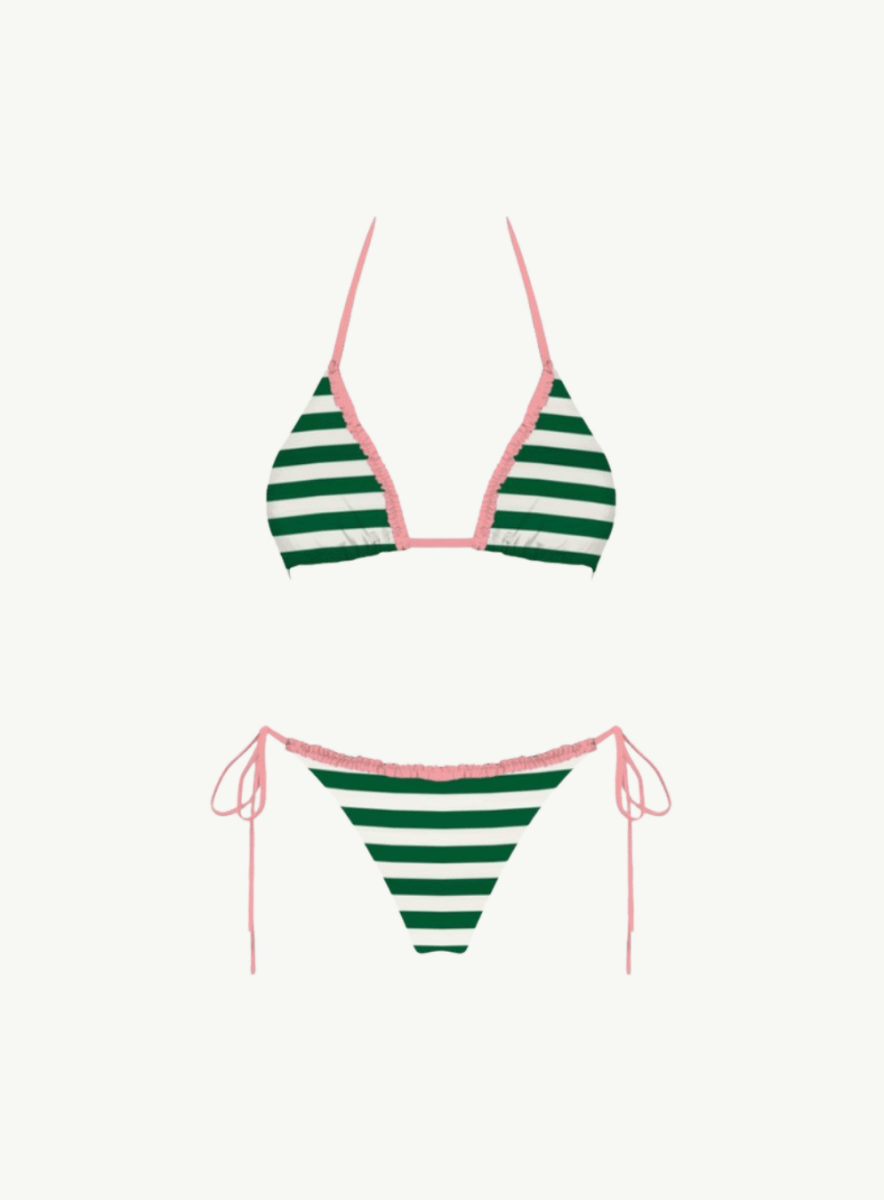Sunny Days Bikini Set in Green Stripe Pink Frill