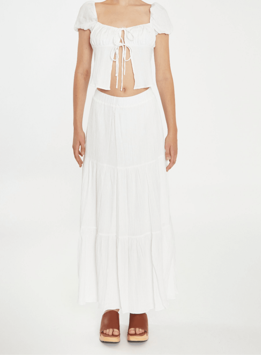 White Crinkle Tiered Maxi Skirt
